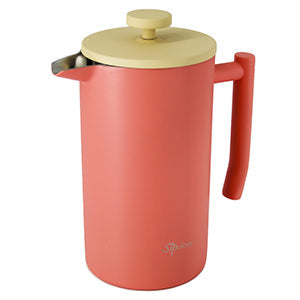 pink coffee tea press with yellow lid on a white background