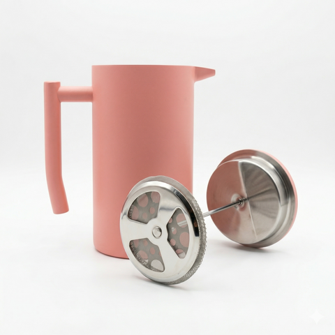 Pink French press coffee maker with a metal plunger on a white background